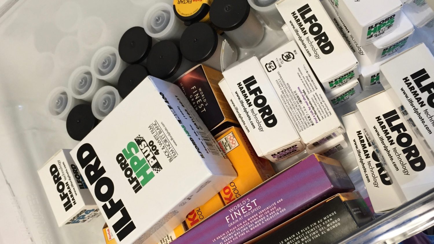I keep my film in a lower drawer in my refrigerator. Right now I have a lot of Ilford HP5, some Kodak Portra, Ilford FP4, and Kodak Ektar.